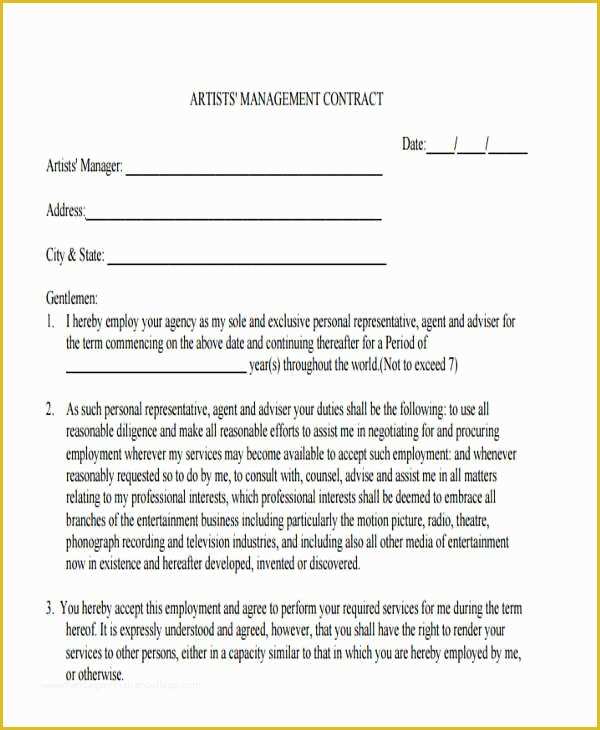Free Artist Management Contract Template Of 7 Artist Contract Templates – Free Sample Example