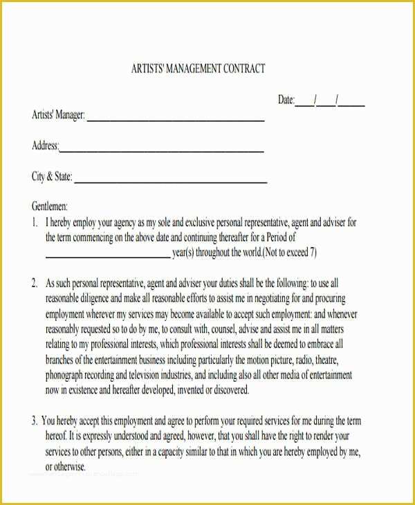 Free Artist Management Contract Template Of 7 Artist Contract Templates 