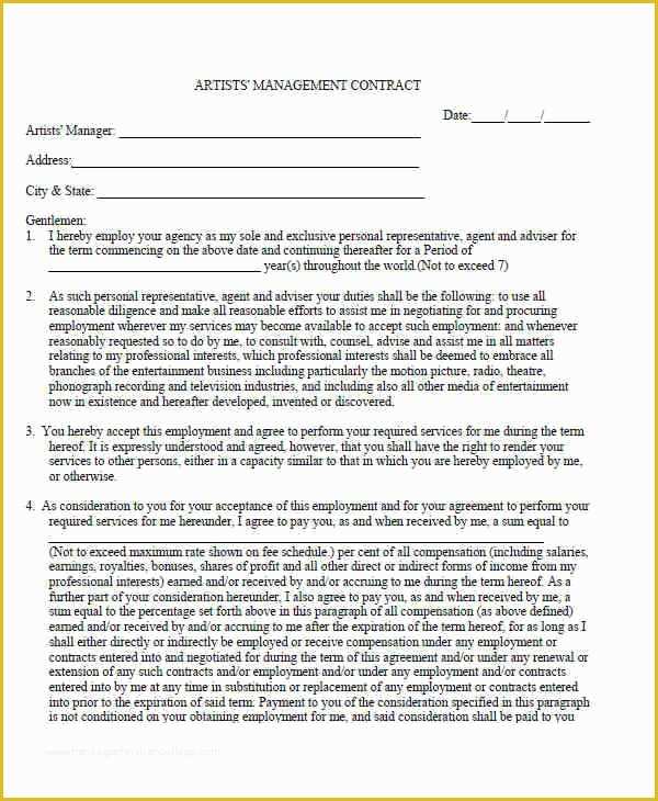 Free Artist Management Contract Template Of 7 Management Contract Template – Free Sample Example