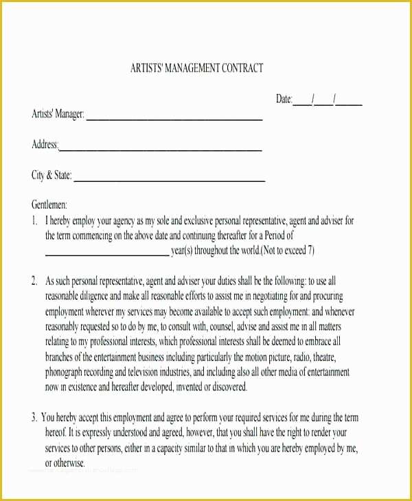 Free Artist Management Contract Template Of Artist Contract Templates Free Sample Example format