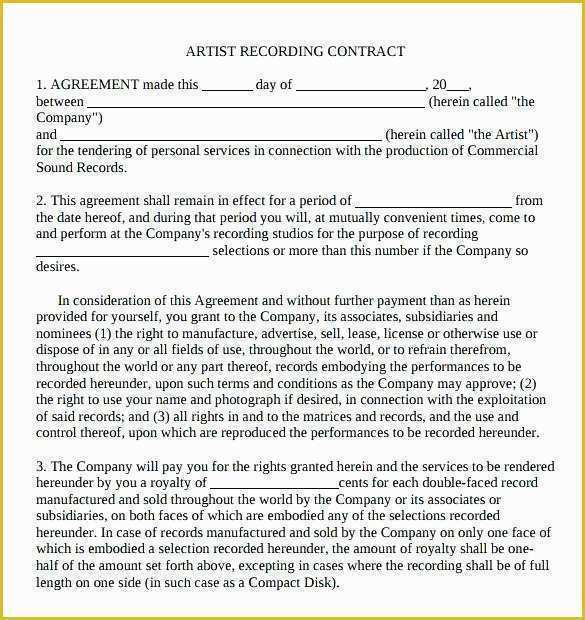 Free Artist Management Contract Template Of Recording Contract Template 9 Download Free Documents In