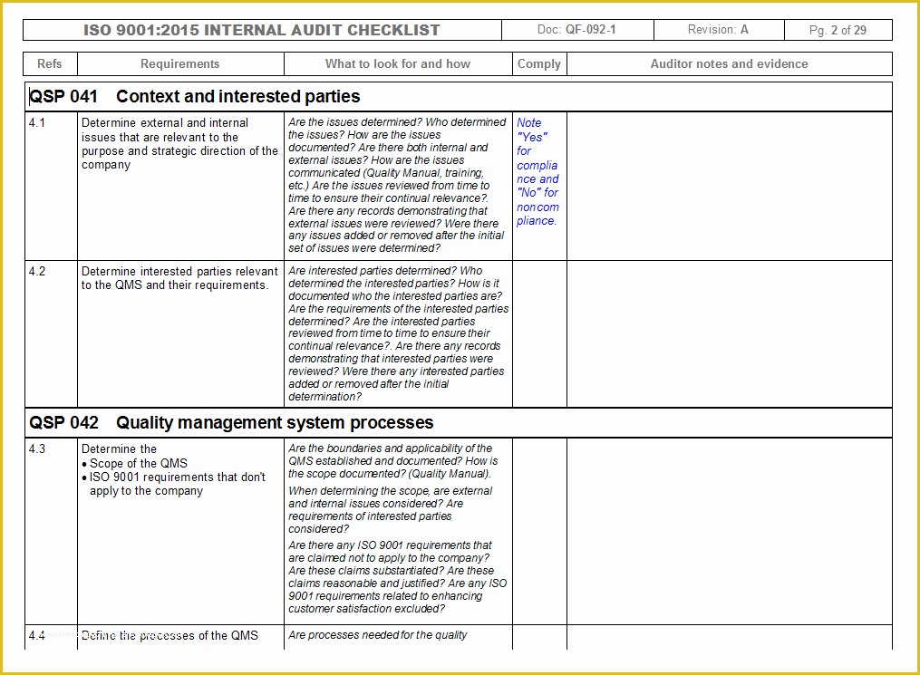 Free Audit Program Templates Of Internal Quality Management System Audit Checklist iso