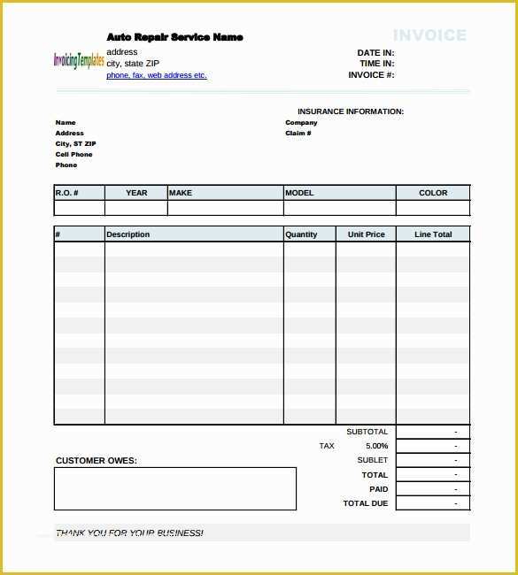 Free Auto Repair Invoice Template Excel Of Auto Invoice Template