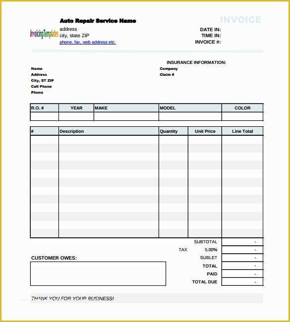 Free Auto Repair Invoice Template Excel Of Auto Invoice Template