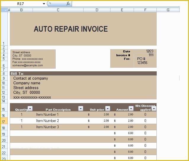 Free Auto Repair Invoice Template Excel Of Auto Repair Invoice Template In Excel format