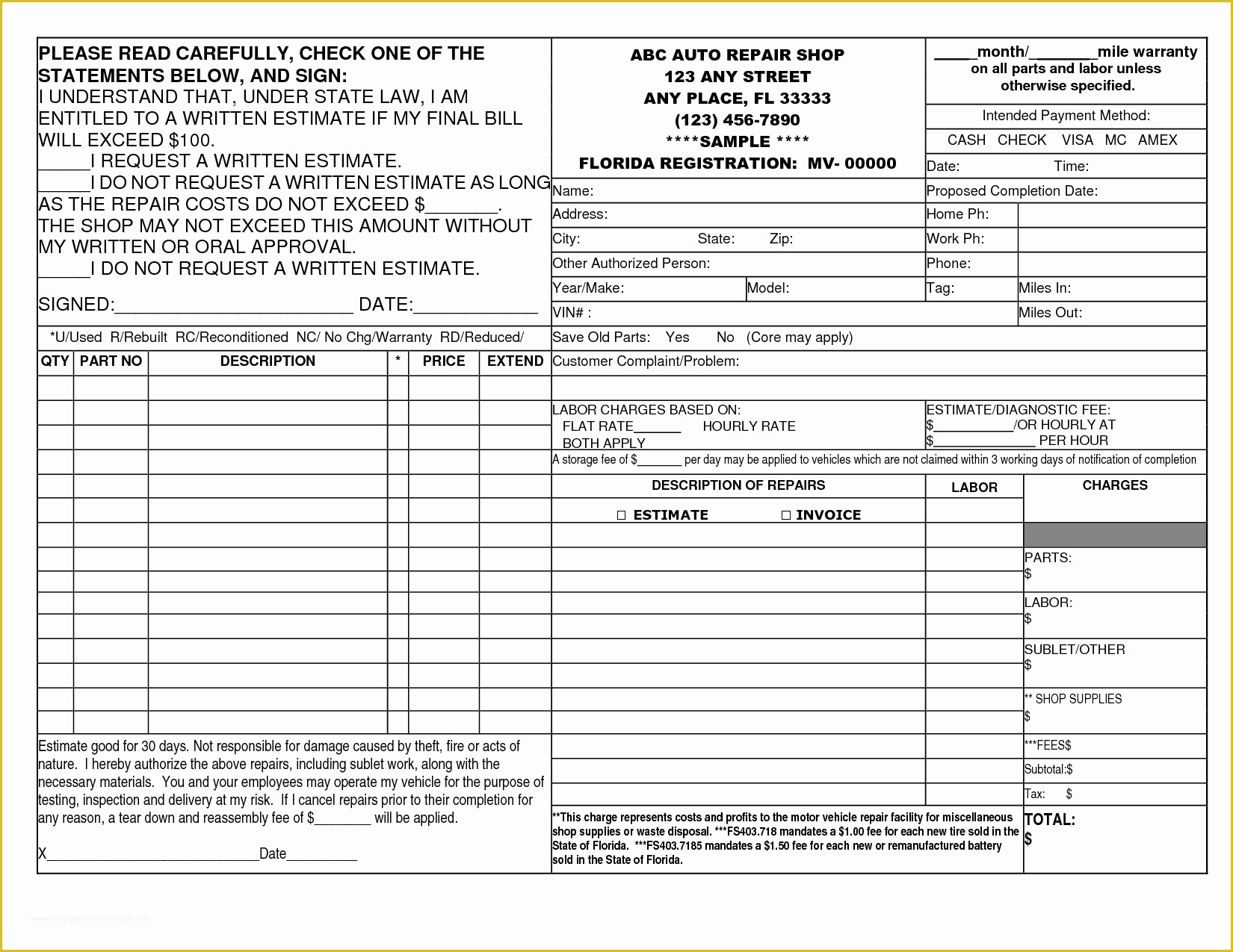 Free Auto Repair Invoice Template Excel Of Auto Repair Invoice Template