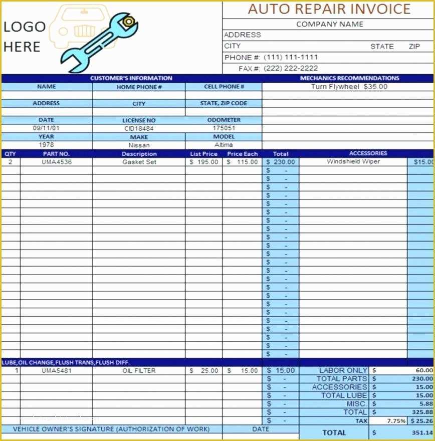 Free Auto Repair Invoice Template Excel Of Auto Repair Template