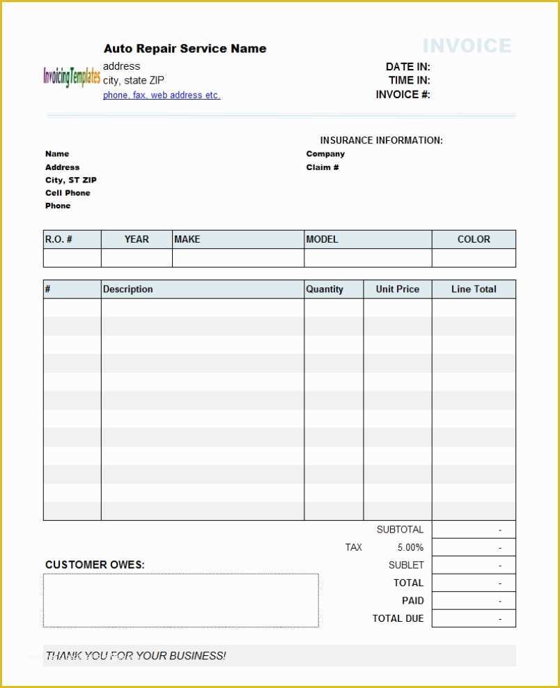Free Auto Repair Invoice Template Excel Of Quickbooks Invoice Template Excel