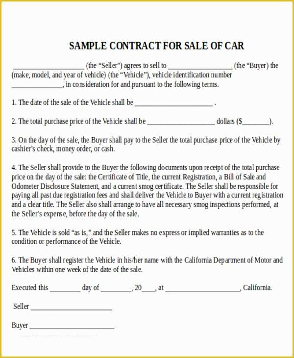 Free Auto Sale Contract Template Of 7 Sample Used Car Sale Contracts