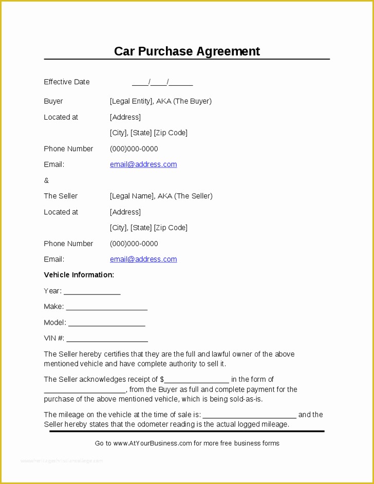Free Auto Sale Contract Template Of Car Purchase Agreement