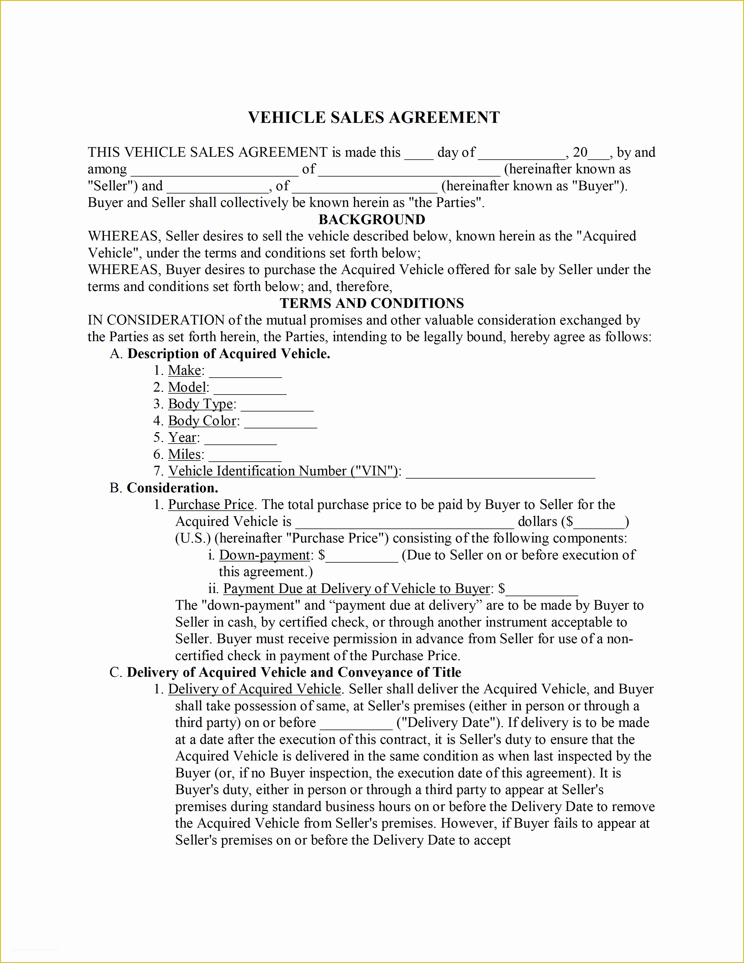 Free Auto Sale Contract Template Of Car Sale Agreement Template