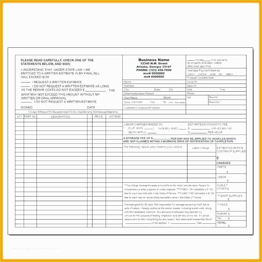 Free Auto Shop Receipt Template Of Auto Repair Invoice Templates order Free Template Pdf