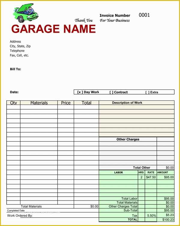 Free Auto Shop Receipt Template Of Invoice Template for Mechanic Shop