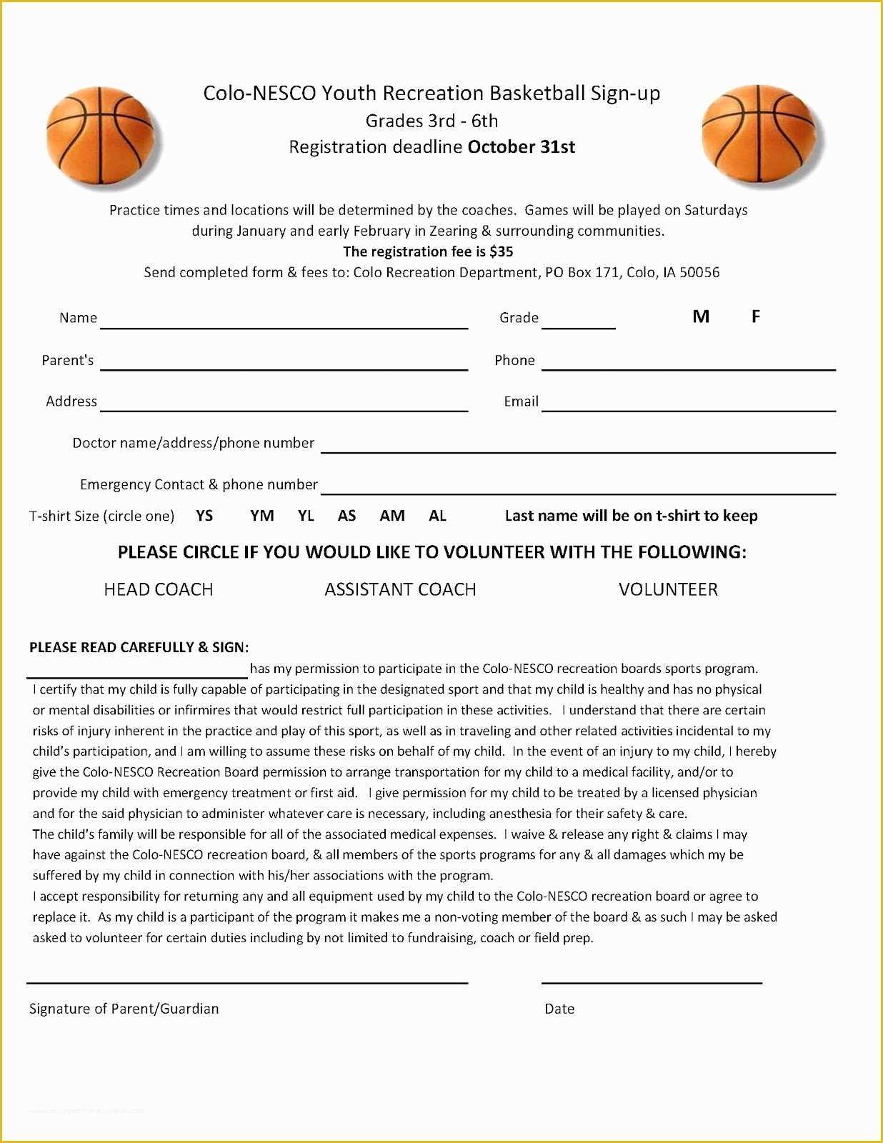 Free Basketball Registration form Template Of Colo Nesco Recreation