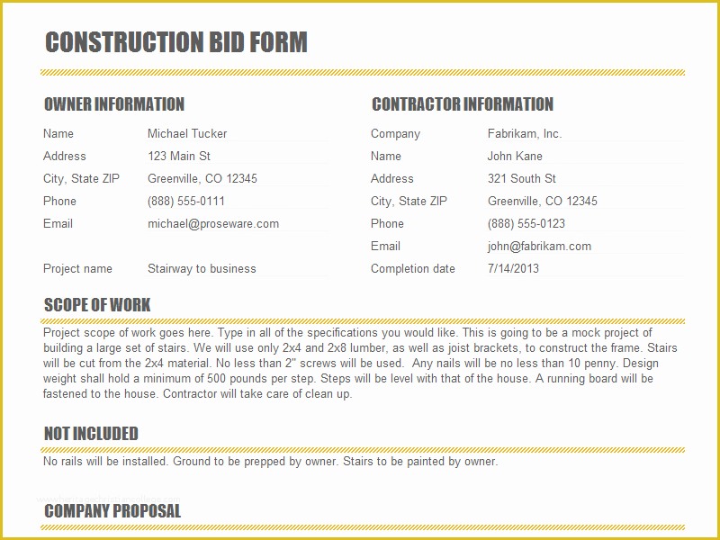 Free Bid Proposal Template Of Construction Proposal Templates