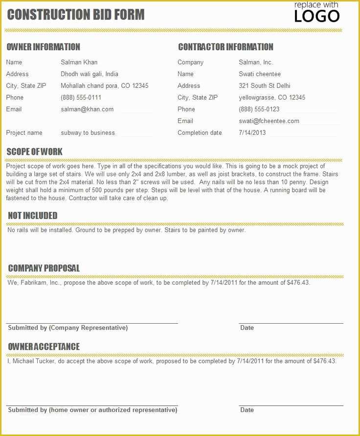 Free Bid Proposal Template Of Free Construction Time and Material forms