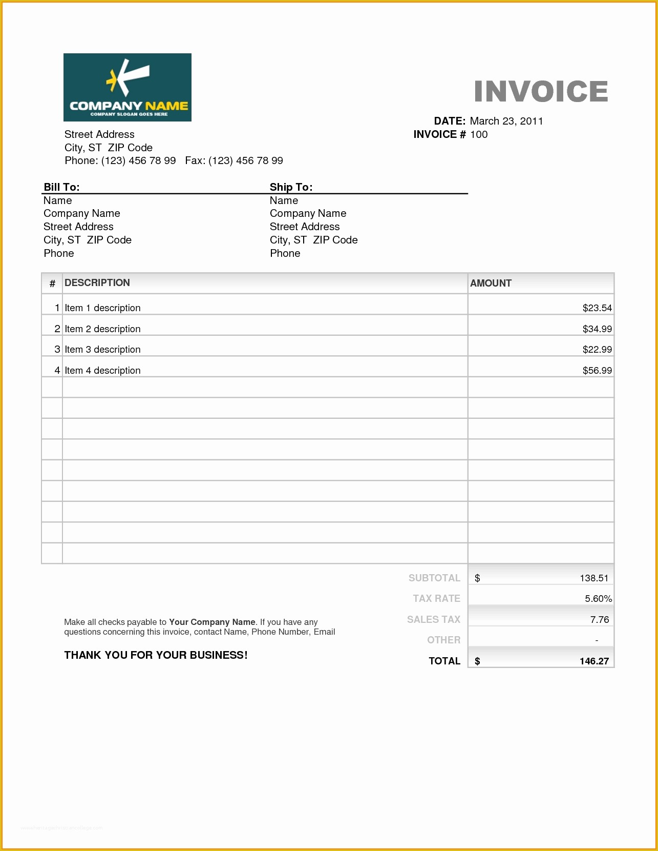 Free Bill Invoice Template Printable Of 7 Simple Billing Invoice Template