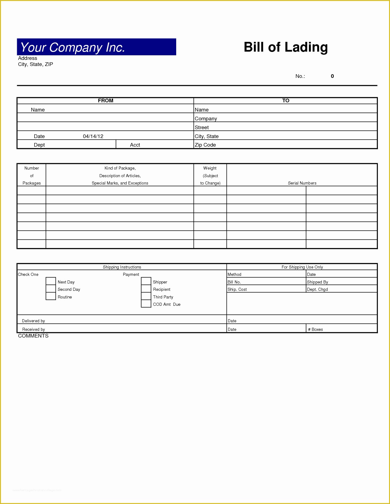 Free Bill Of Lading Template Excel Of 10 Best Of Bill Lading Excel format Blank Bill