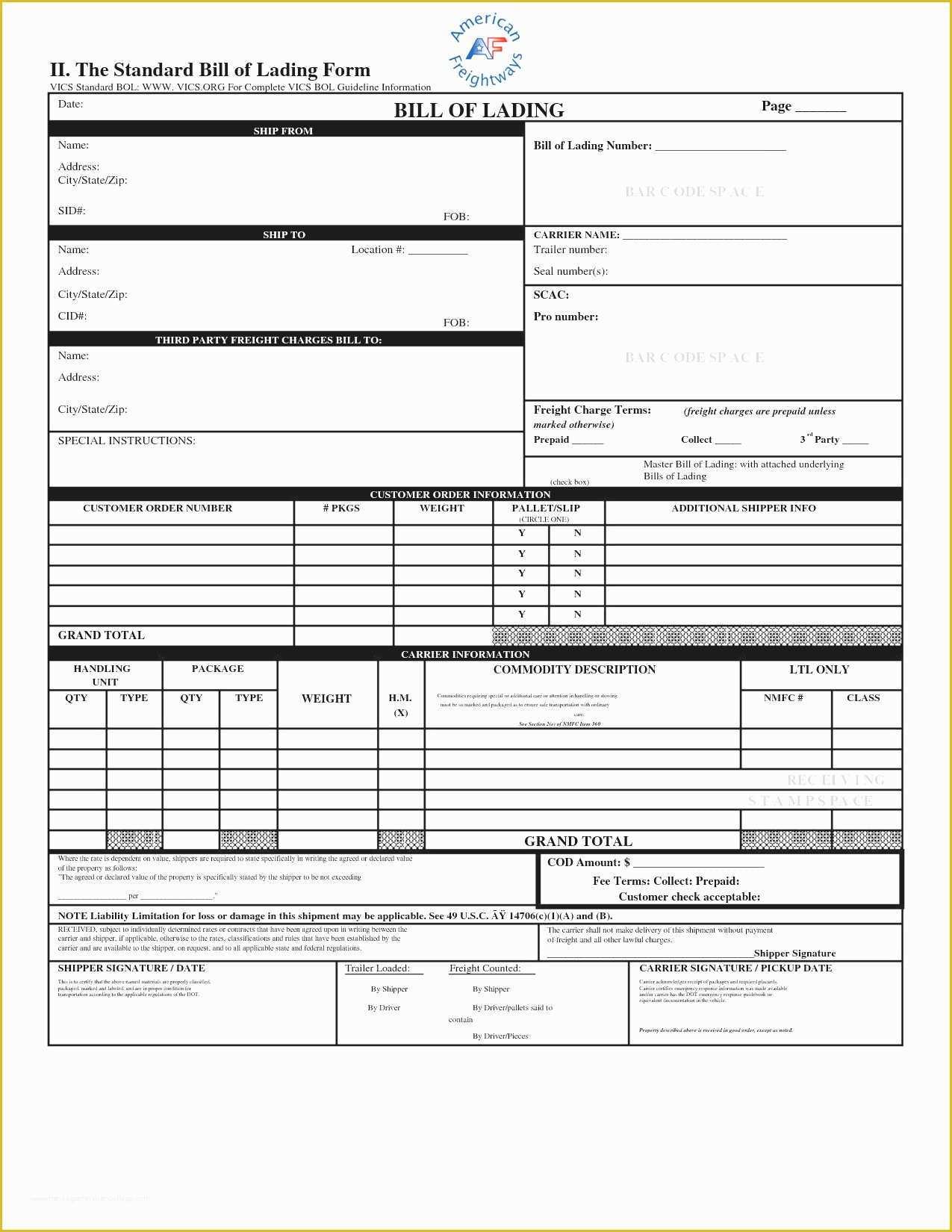 Bill Of Lading Form Excel