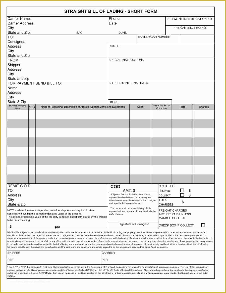 Free Bill Of Lading Template Excel Of 40 Free Bill Of Lading forms & Templates Template Lab