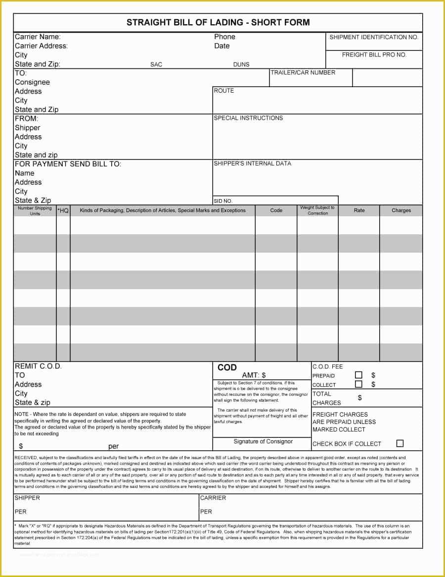 Free Bill Of Lading Template Excel Of 40 Free Bill Of Lading forms &amp; Templates Template Lab