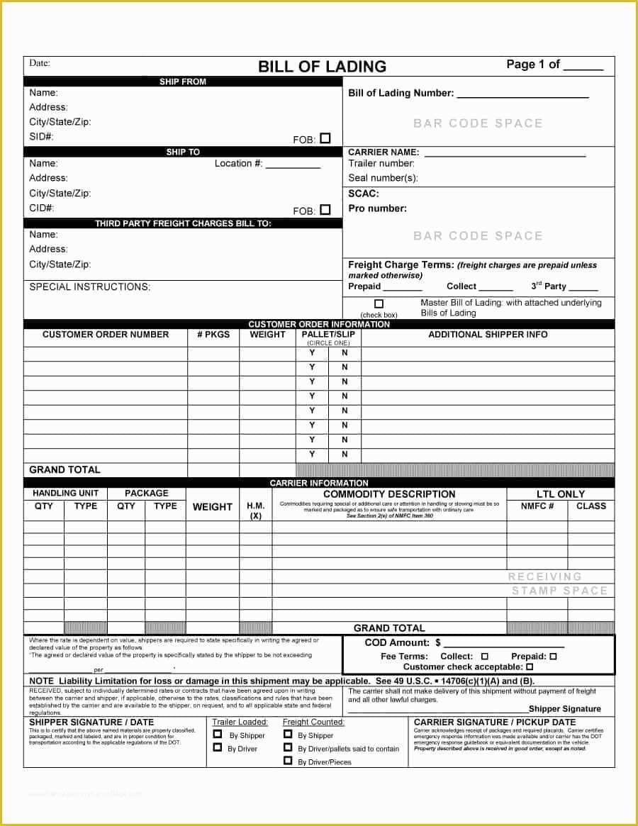 Free Bill Of Lading Template Excel Of 40 Free Bill Of Lading forms & Templates Template Lab