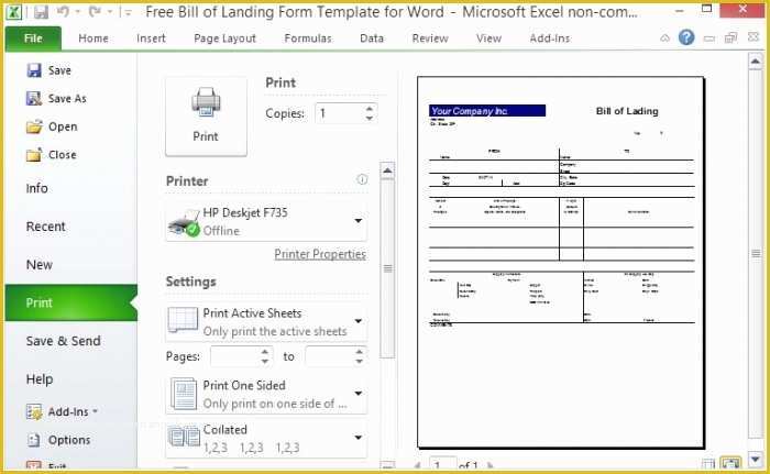 Free Bill Of Lading Template Excel Of Free Bill Of Lading form Template for Excel