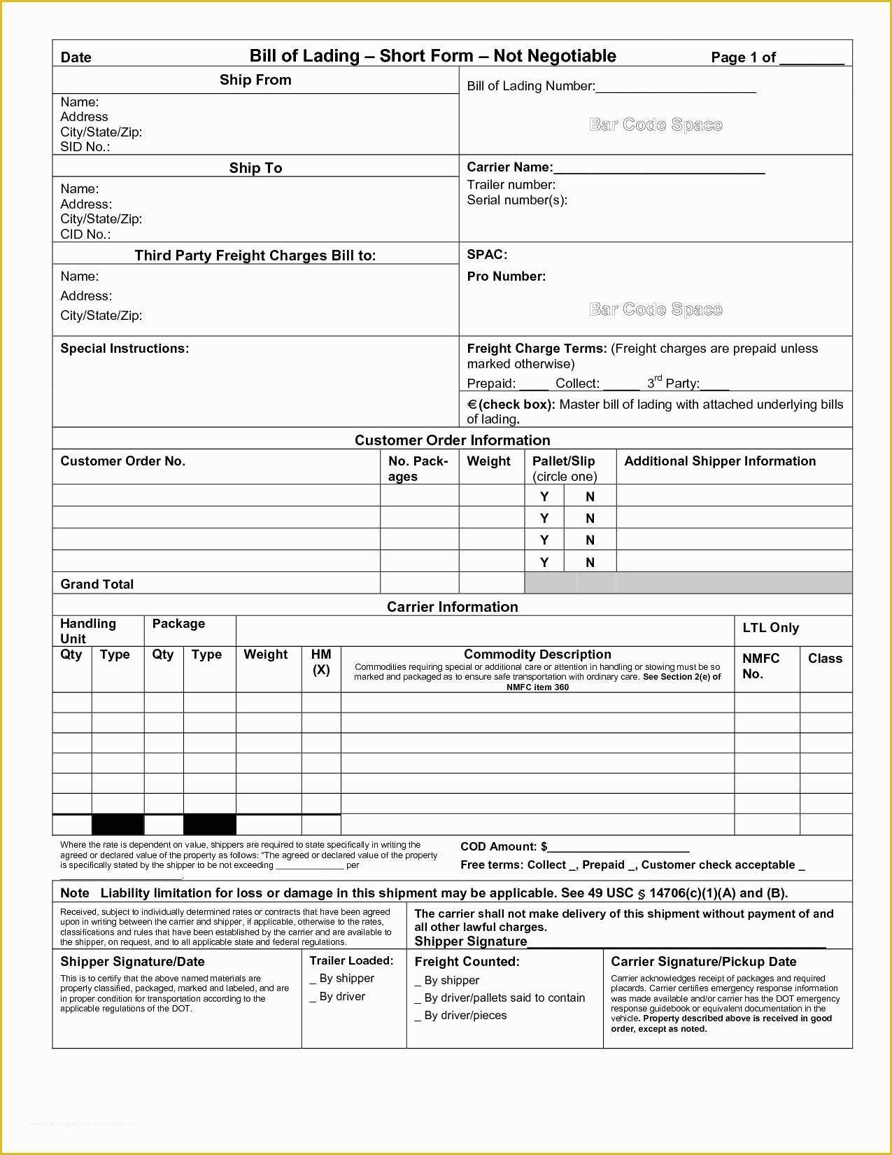 Free Bill Of Lading Template Excel Of Free Copy Bill Lading Printable form Template Excel