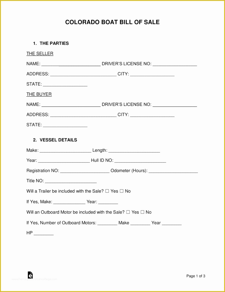 Free Bill Of Sale Template Colorado Of Free Colorado Boat Bill Of Sale form Word Pdf