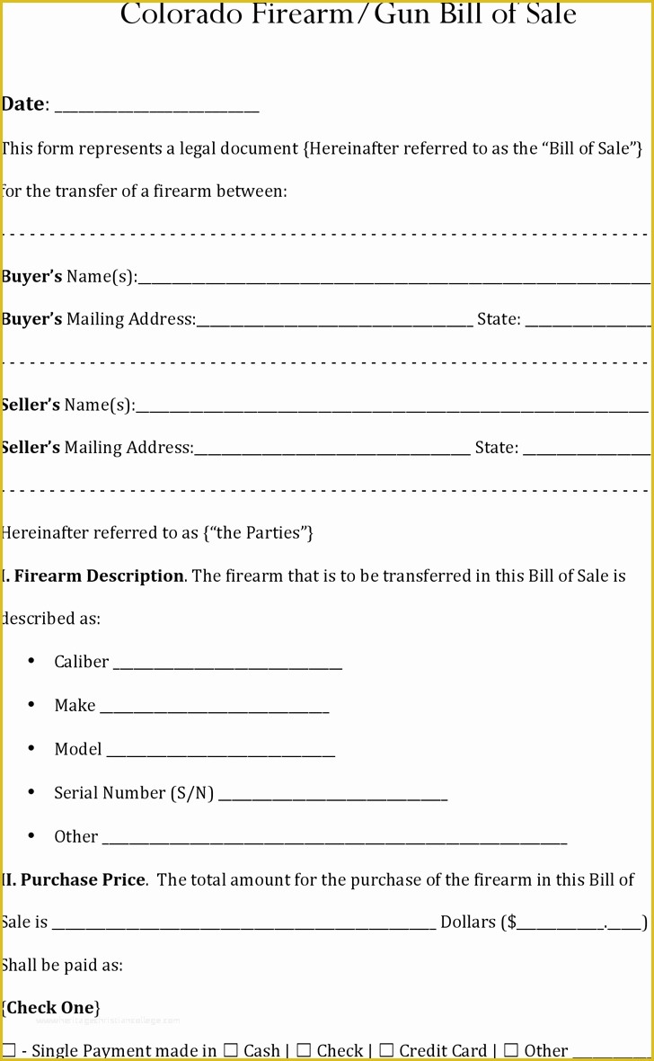 Free Bill Of Sale Template Colorado Of Free Colorado Gun Firearm Bill Of Sale Pdf 160kb