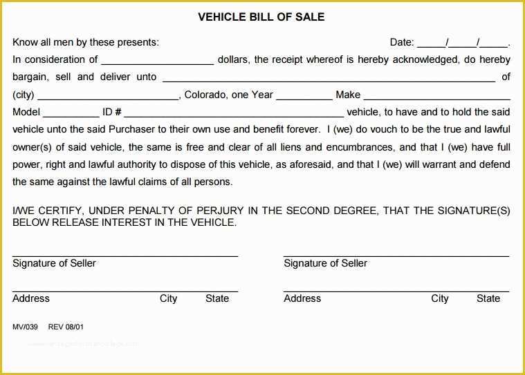Free Bill Of Sale Template Colorado Of Free Colorado Vehicle Bill Of Sale form 2