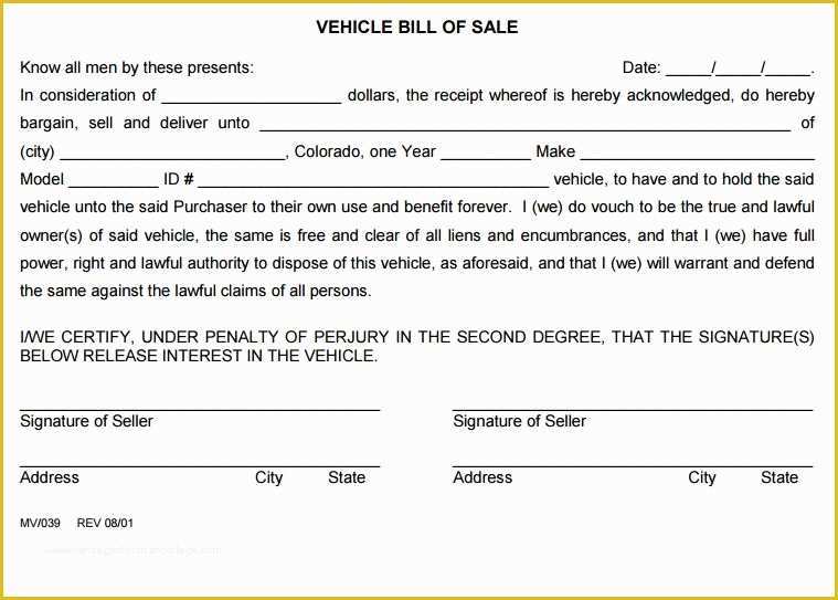 Free Bill Of Sale Template Colorado Of Free Colorado Vehicle Bill Of Sale form 2
