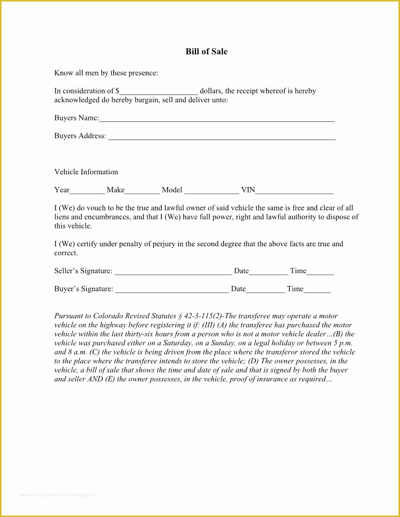Free Bill Of Sale Template Colorado Of Free Colorado Vehicle Bill Of Sale form Download Pdf
