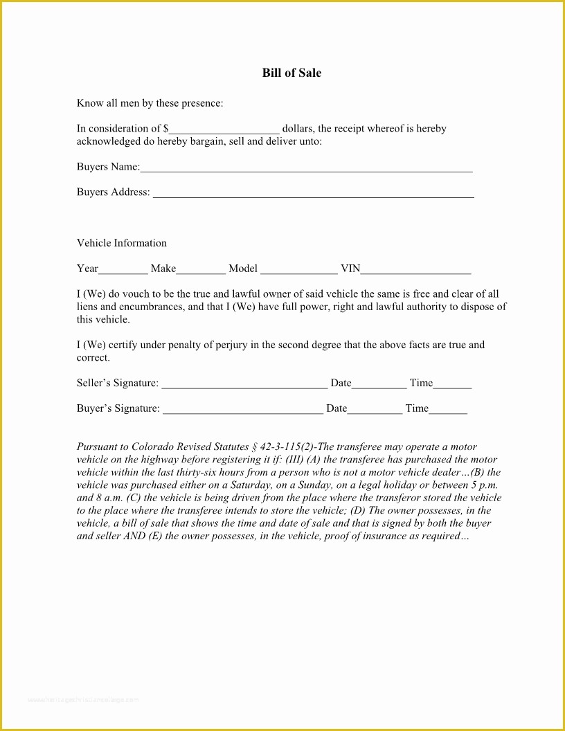  Free Bill Of Sale Template Colorado Of Free Colorado Vehicle Bill Of 