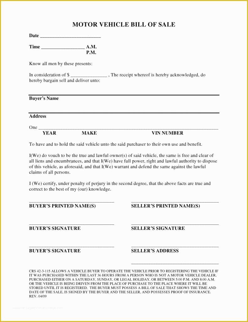 Free Bill Of Sale Template Colorado Of Free Colorado Vehicle Bill Of Sale form Pdf