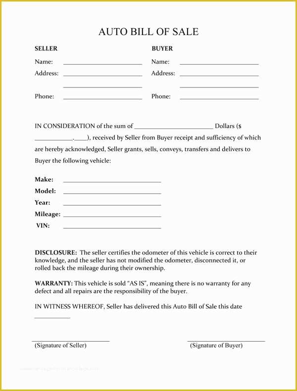 Free Bill Of Sale Template for Car Of Free Printable Free Car Bill Of Sale Template form Generic