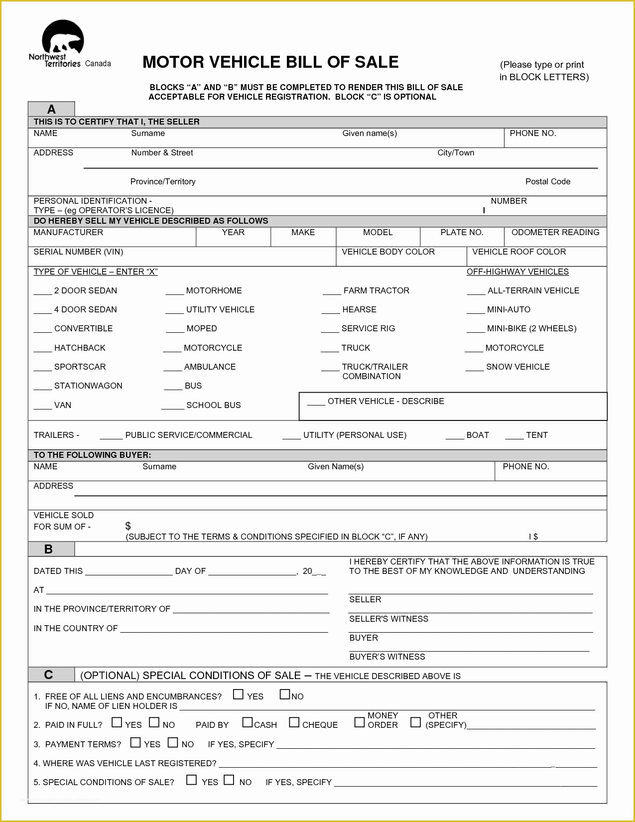 Free Bill Of Sale Template for Car Of Free Printable Vehicle Bill Of Sale Template form Generic