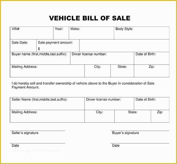 Free Bill Of Sale Template for Car Of Free Printable Vehicle Bill Of Sale Template form Generic