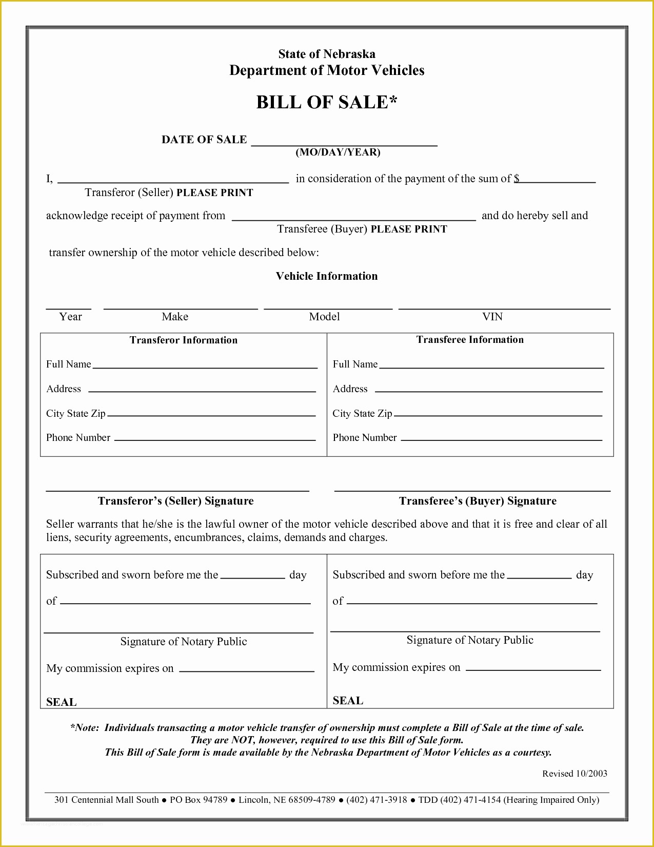 Free Bill Of Sale Template for Car Of Free Printable Vehicle Bill Of Sale Template form Generic