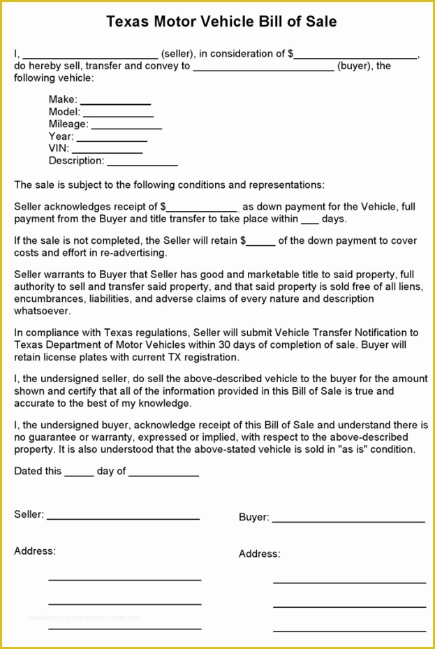 Free Bill Of Sale Template for Car Of Free Texas Motor Vehicle Bill Sale form Pdf 1 Pages