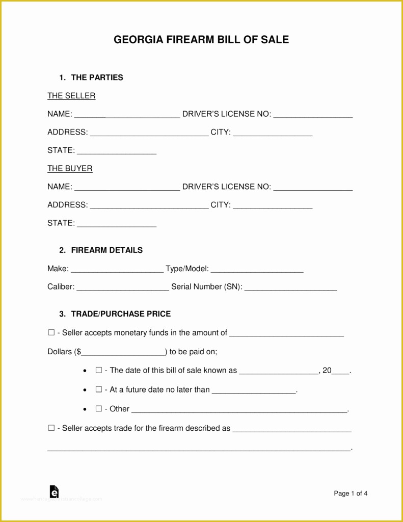 Free Bill Of Sale Template Ga Of Free Georgia Firearm Bill Of Sale form Word