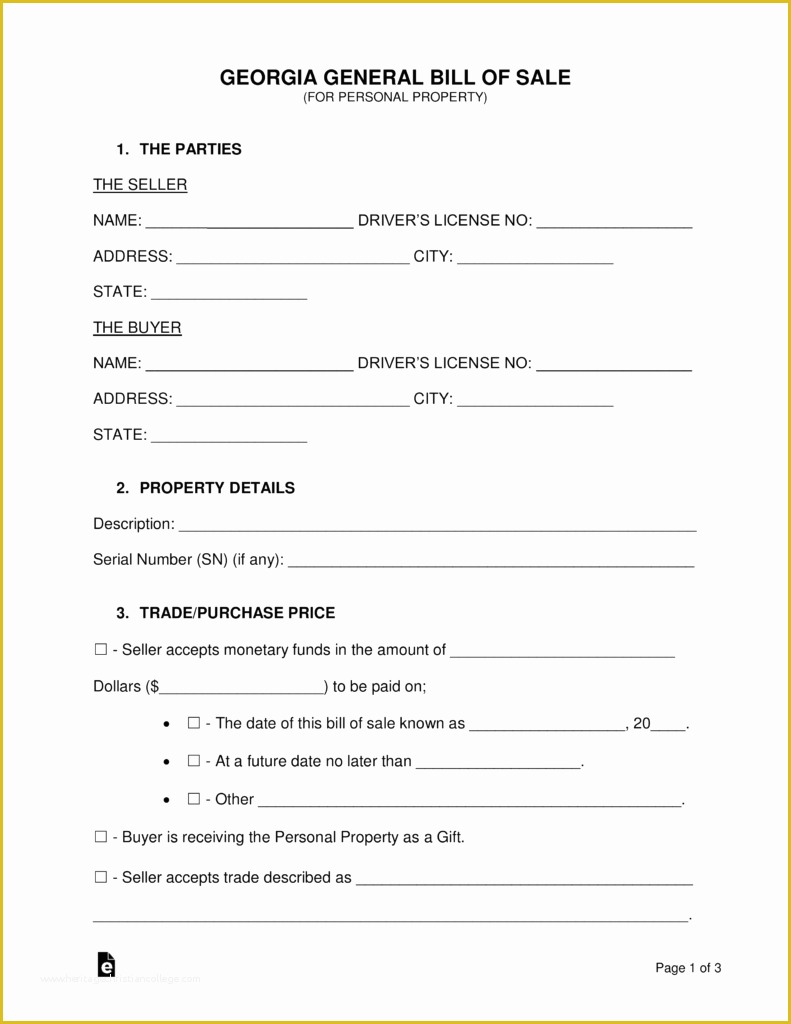 Free Bill Of Sale Template Ga Of Free Georgia General Bill Of Sale form Word