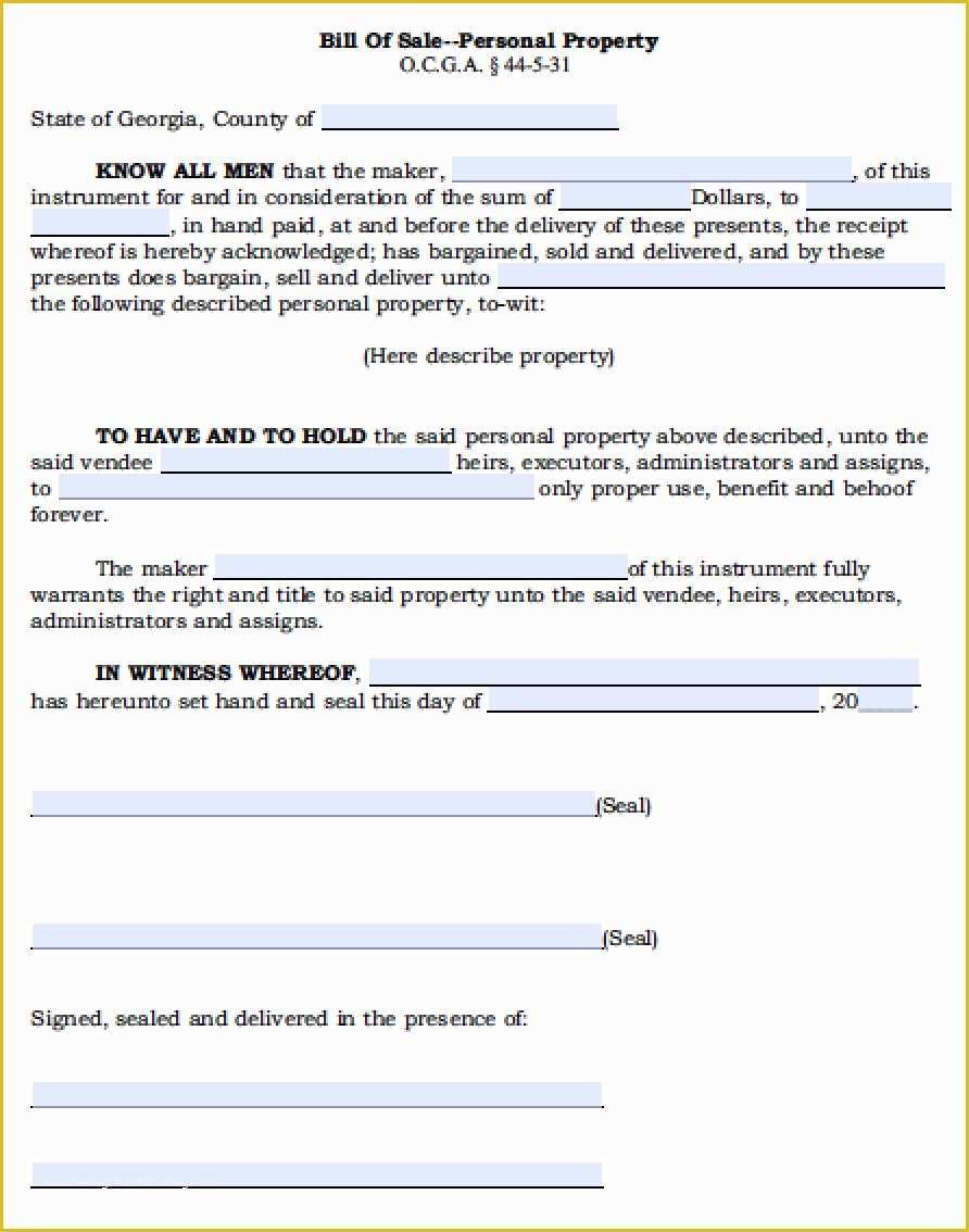 Free Bill Of Sale Template Ga Of Free Georgia Personal Property Bill Of Sale form