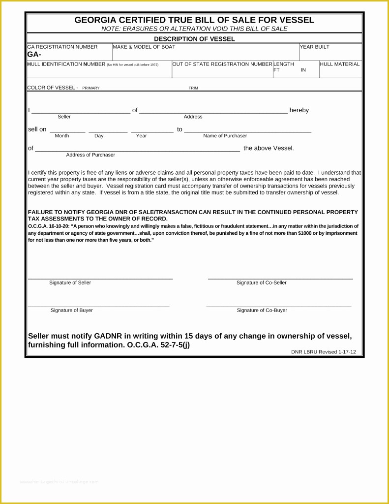 Free Bill Of Sale Template Ga Of Free Georgia Vessel Bill Of Sale form Pdf