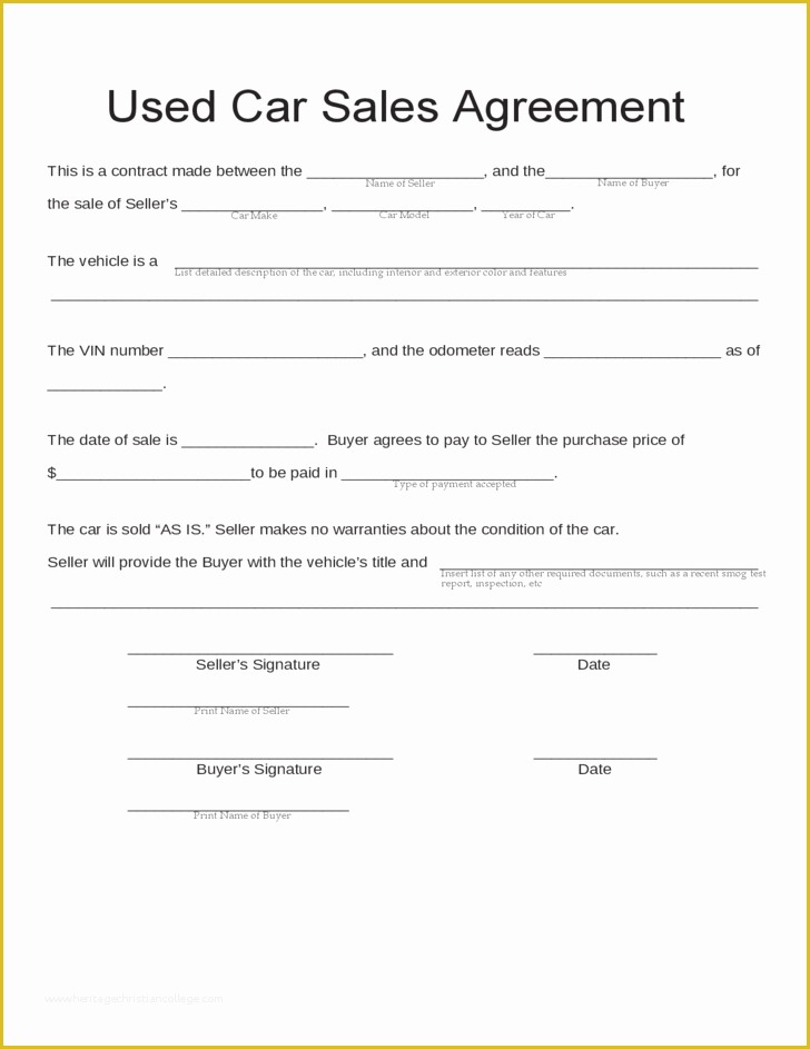 Free Bill Of Sales Template for Used Car as is Of Blank Used Car Sales Agreement Free Download
