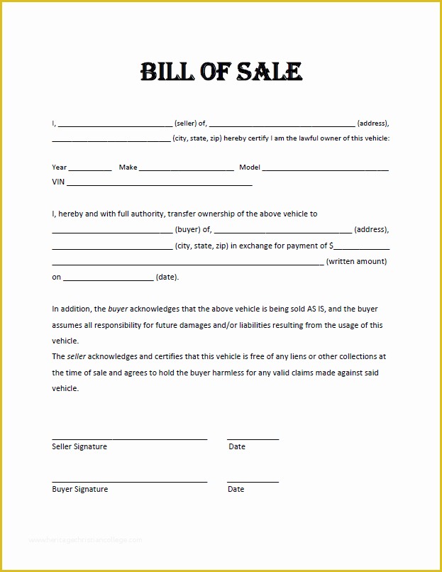 Free Bill Of Sales Template for Used Car as is Of Free Bill Sale Template