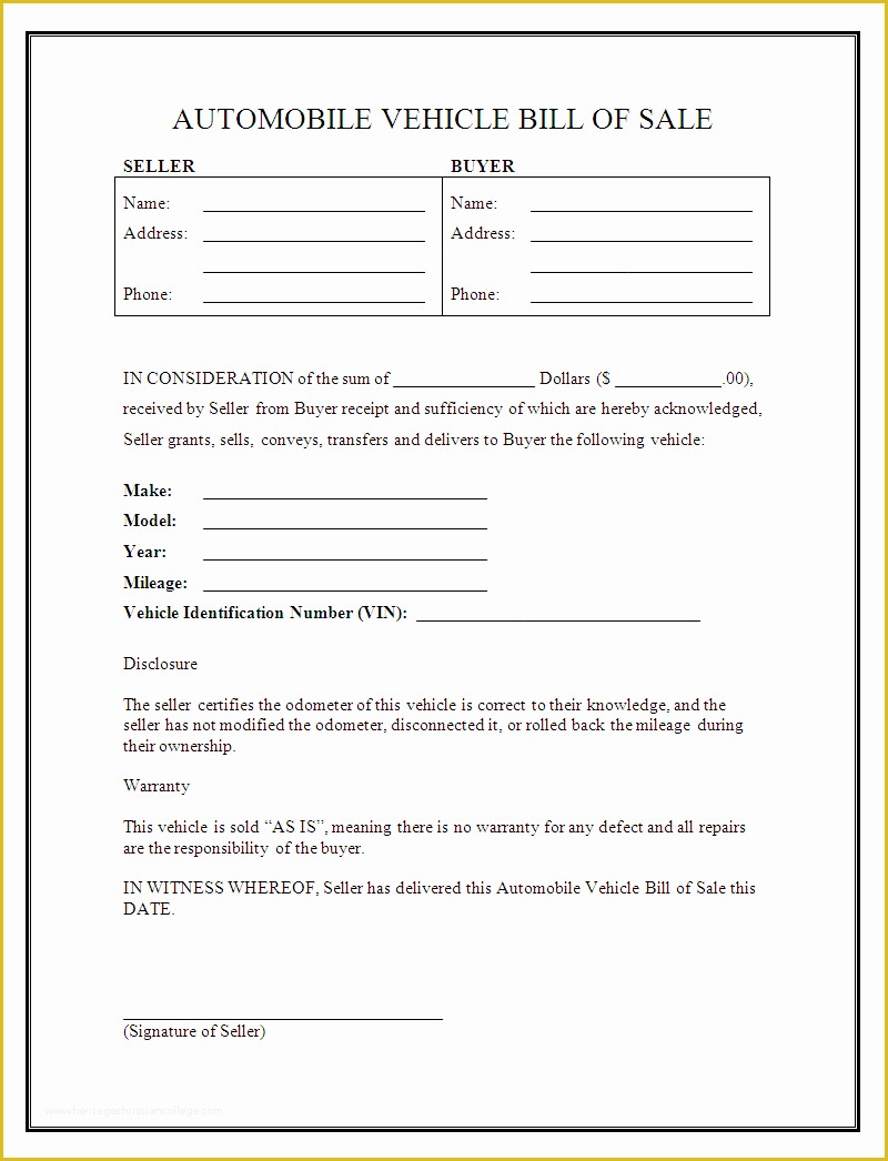 Free Bill Of Sales Template for Used Car as is Of Free Printable Car Bill Of Sale form Generic