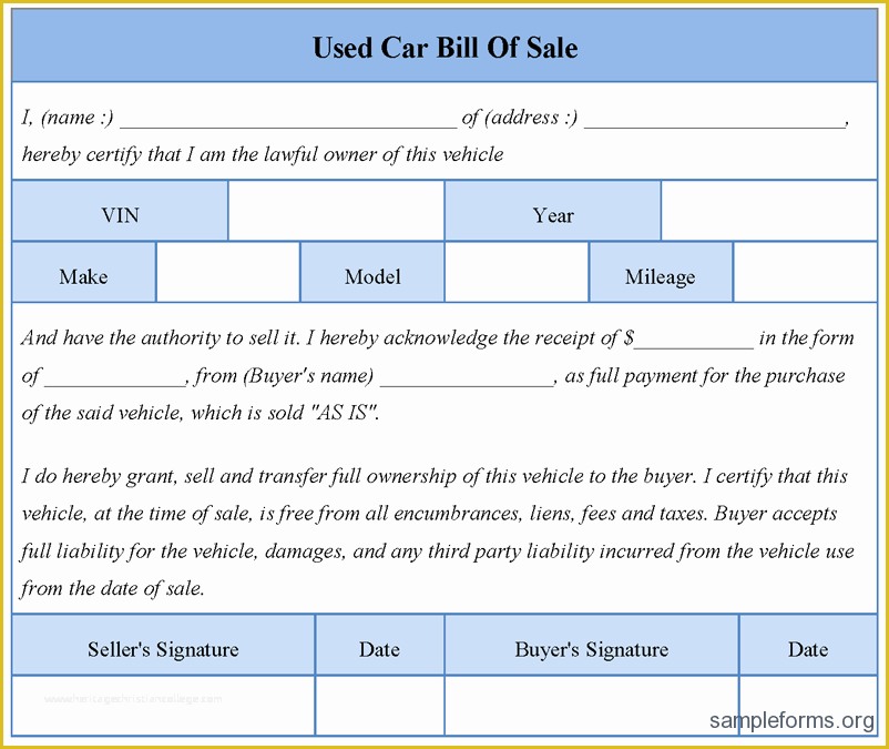 Free Bill Of Sales Template for Used Car as is Of Free Printable Free Car Bill Of Sale Template form Generic