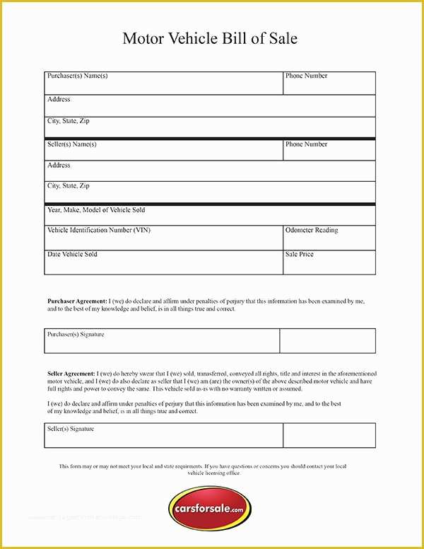 Free Bill Of Sales Template for Used Car as is Of Free Printable Motor Vehicle Bill Sale