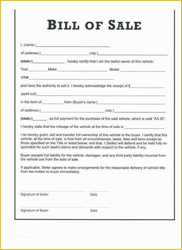 Free Bill Of Sales Template for Used Car as is Of Free Printable Vehicle Bill Of Sale Template form Generic